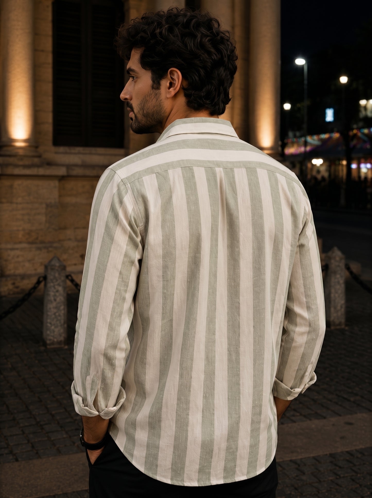 Men's Pastel Green Vertical Striped Embroidered Shirt
