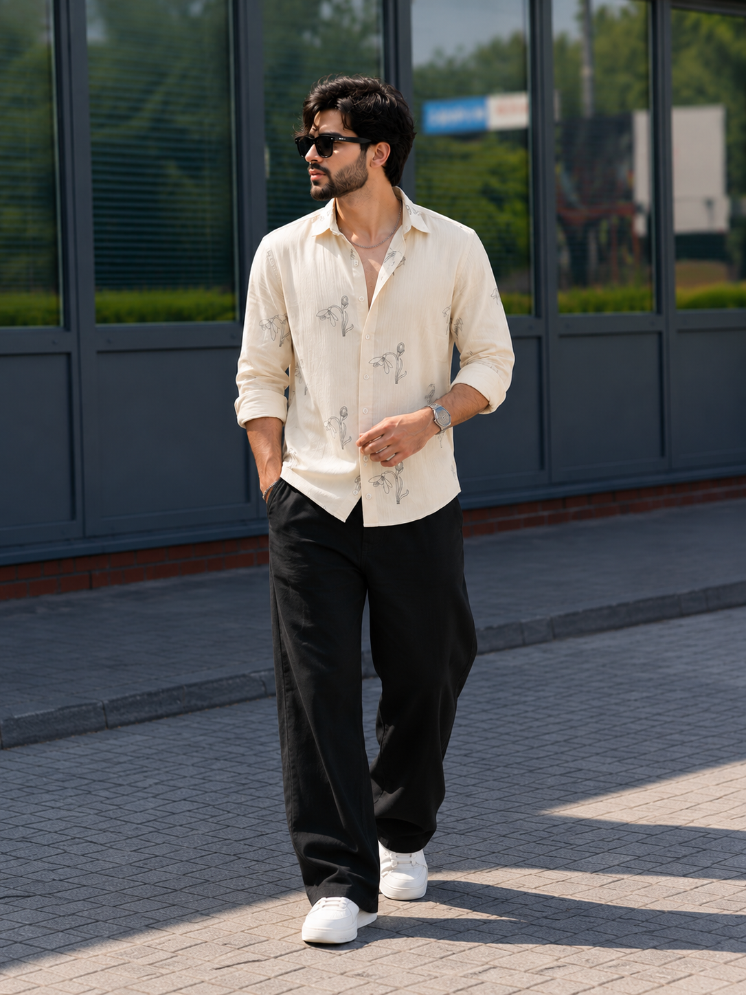Vibe Craft Men's Tulip Embroidery Textured Cotton Shirt