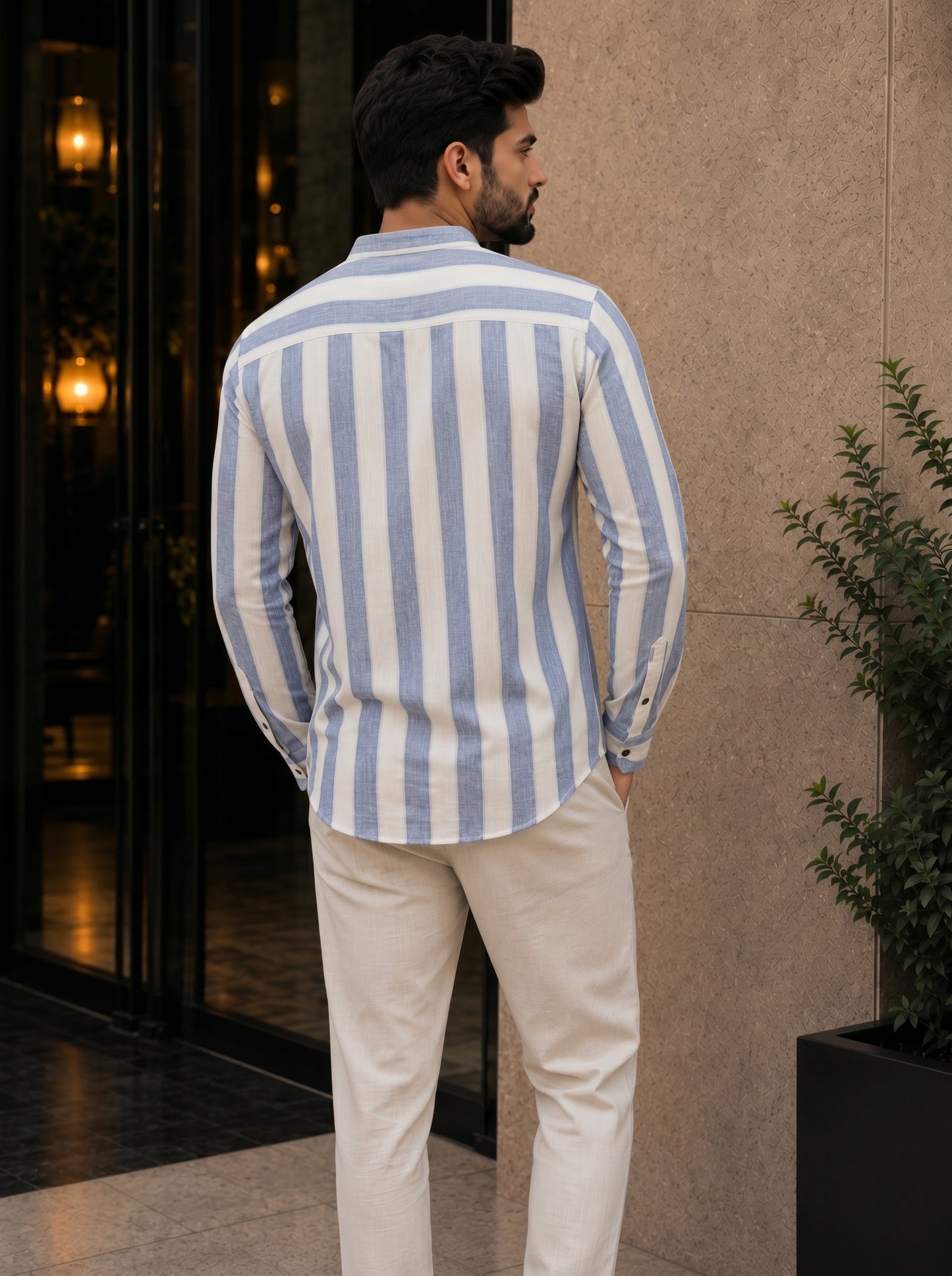 Azure Blue Striped Mandarin Collar Short Kurta Shirt for Men