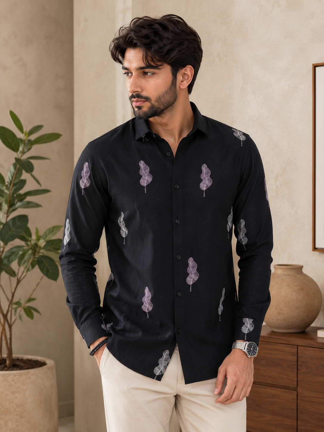 Vibe Craft Men's Feather Embroidery Textured Cotton Shirt