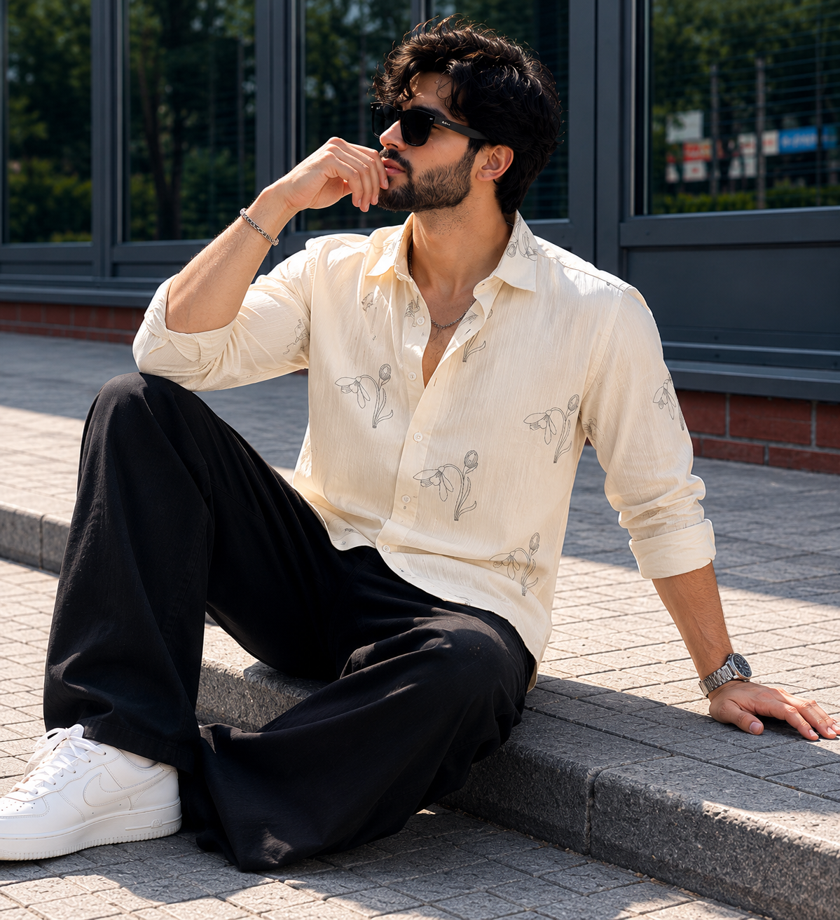 Vibe Craft Men's Tulip Embroidery Textured Cotton Shirt