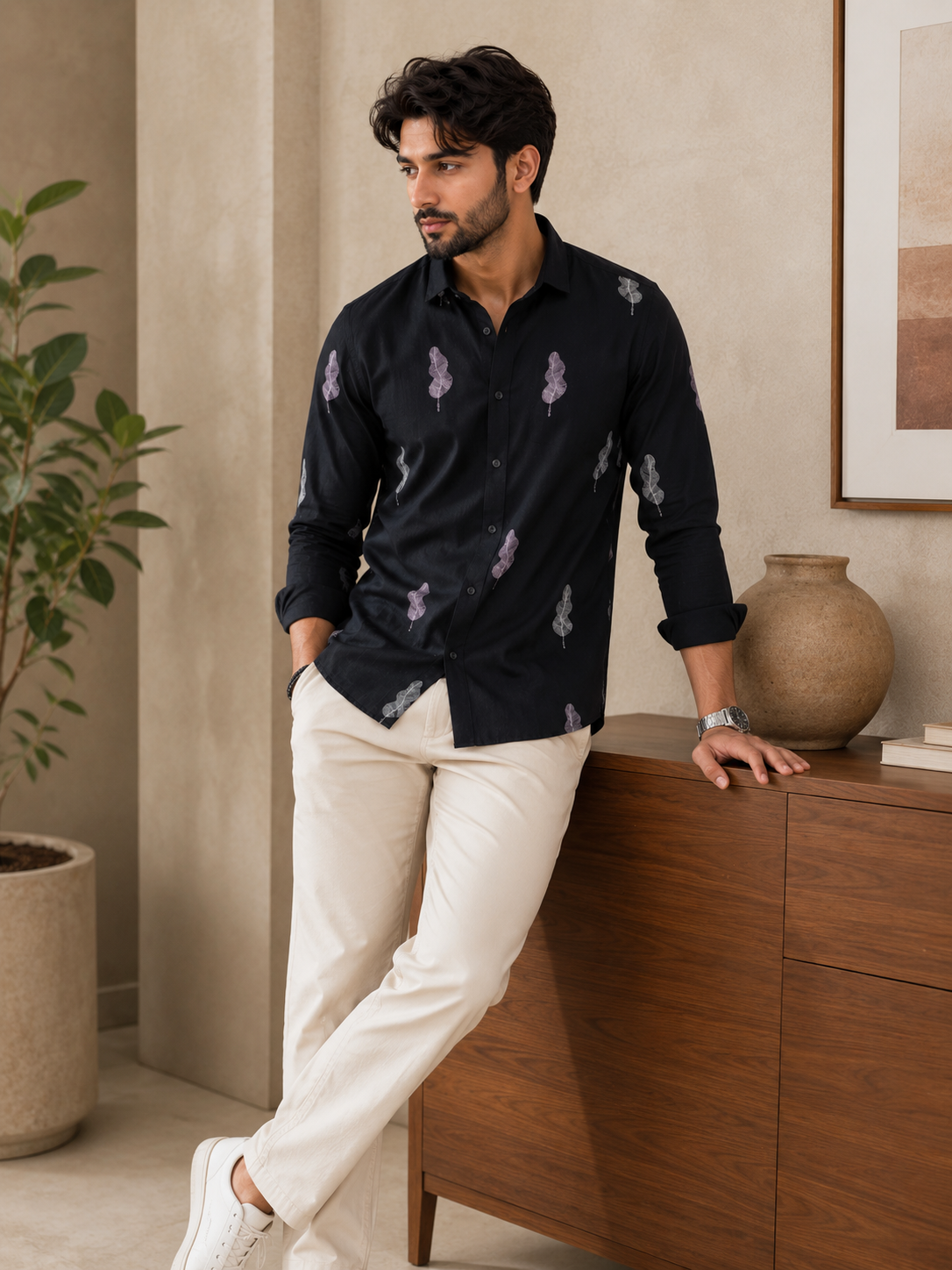 Vibe Craft Men's Feather Embroidery Textured Cotton Shirt