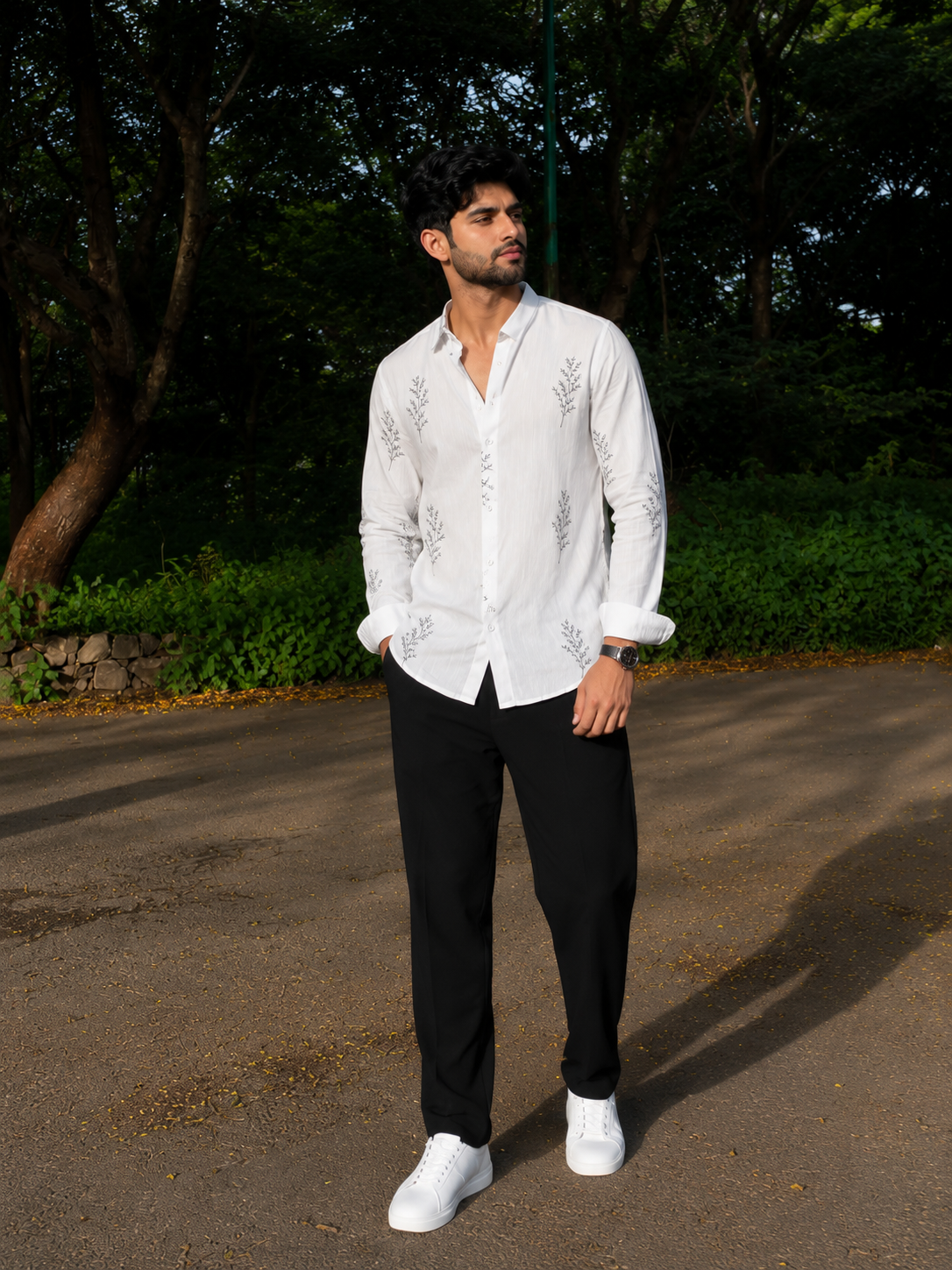 Minimal Fern Embroidery Shirt for Men
