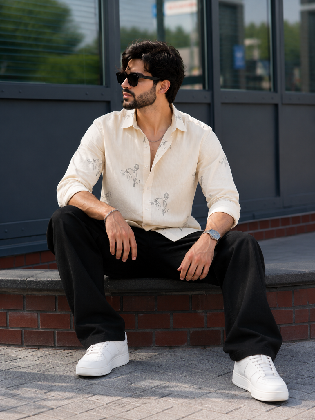 Vibe Craft Men's Tulip Embroidery Textured Cotton Shirt