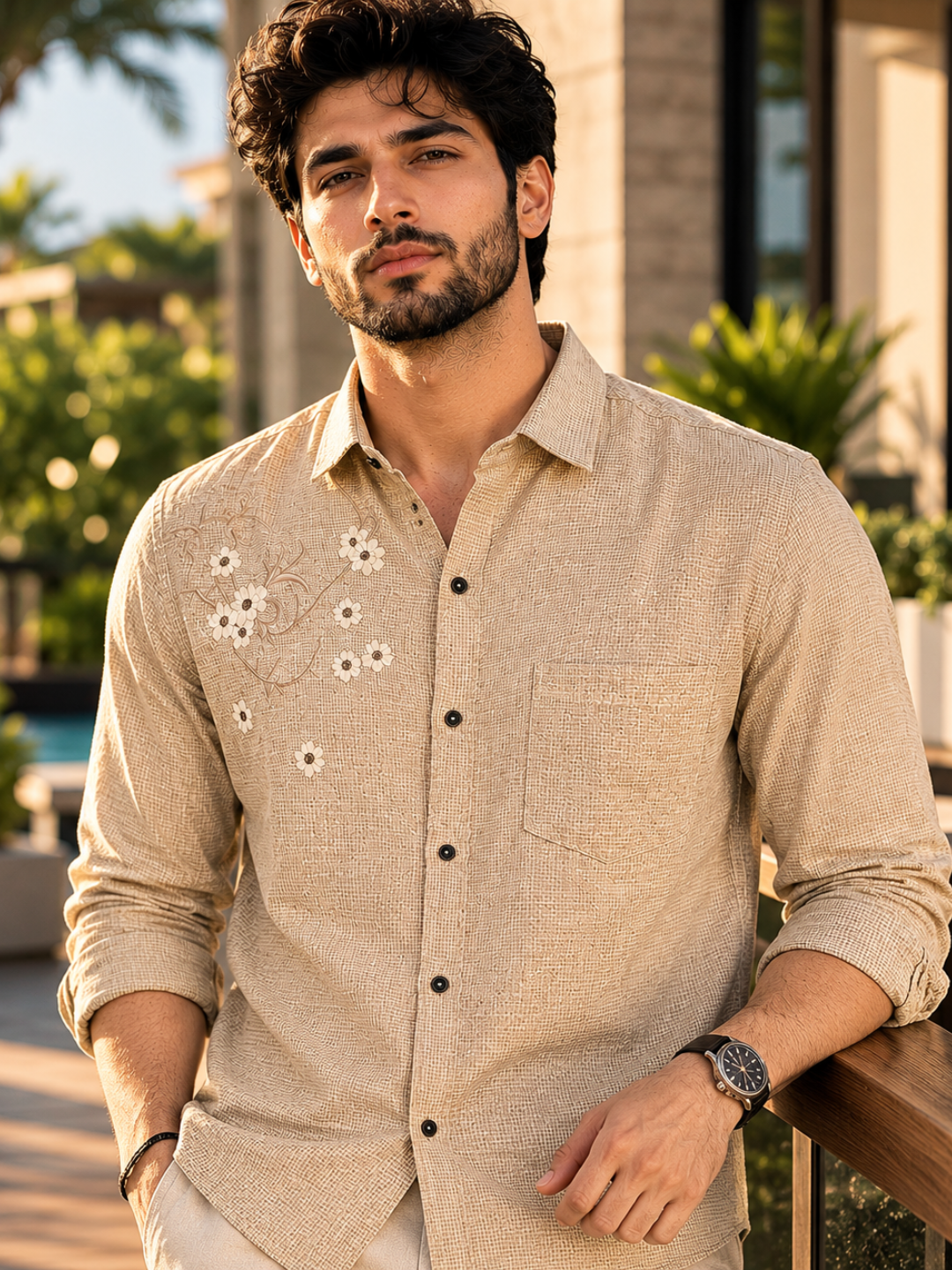 Sandstone Micro-check Floral Embroidery Shirt for Men