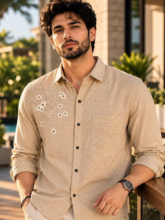 Sandstone Micro-check Floral Embroidery Shirt for Men