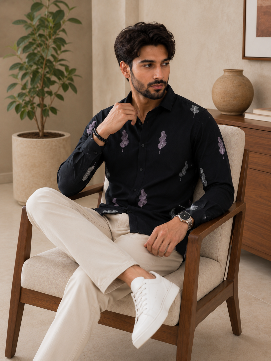 Vibe Craft Men's Feather Embroidery Textured Cotton Shirt