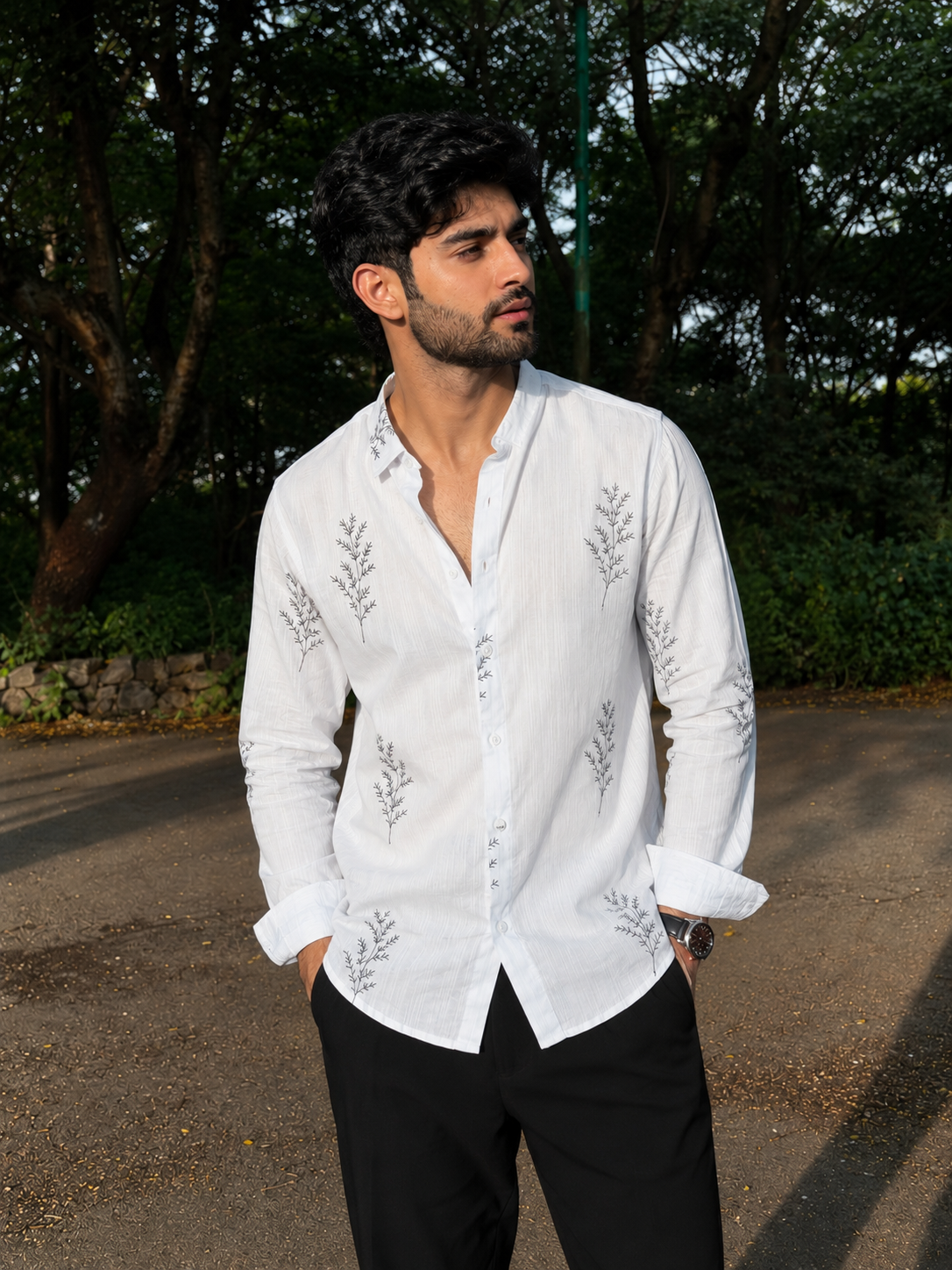 Minimal Fern Embroidery Shirt for Men