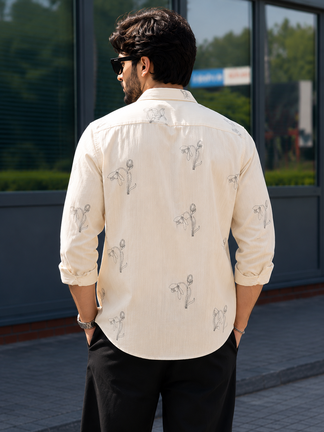 Vibe Craft Men's Tulip Embroidery Textured Cotton Shirt