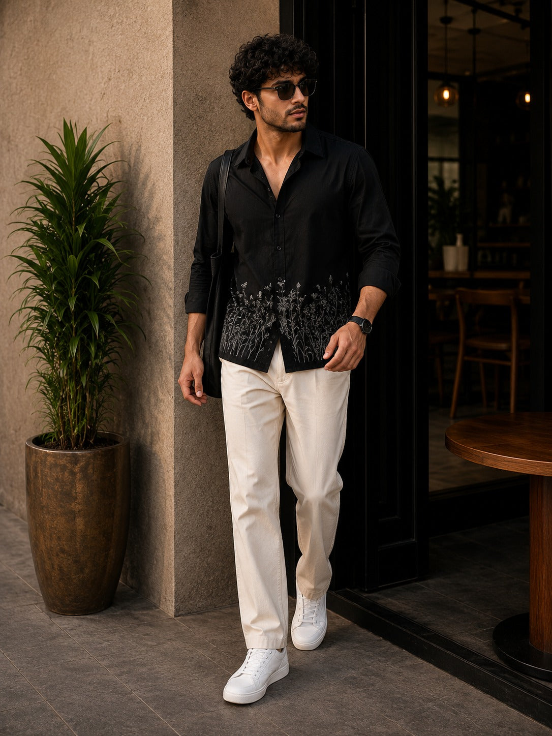 Black Floral Embroidered Cuban Shirt