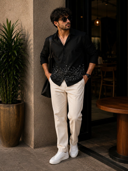 Black Floral Embroidered Cuban Shirt
