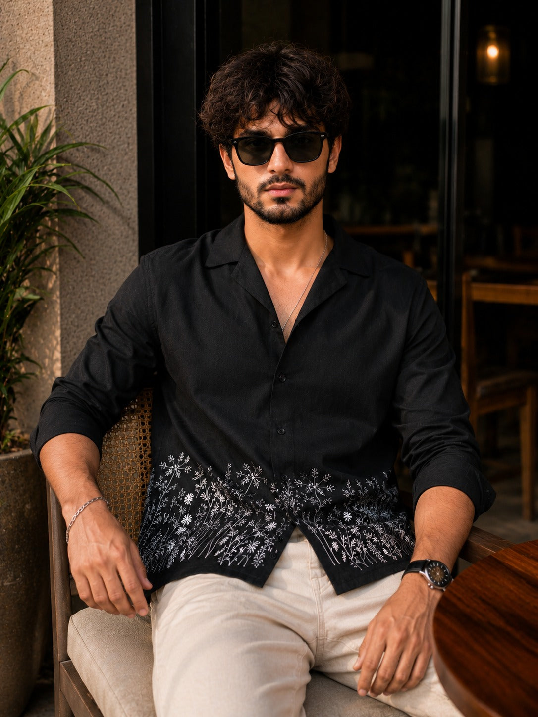 Black Floral Embroidered Cuban Shirt
