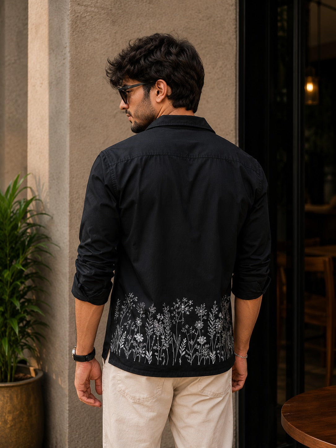 Black Floral Embroidered Cuban Shirt