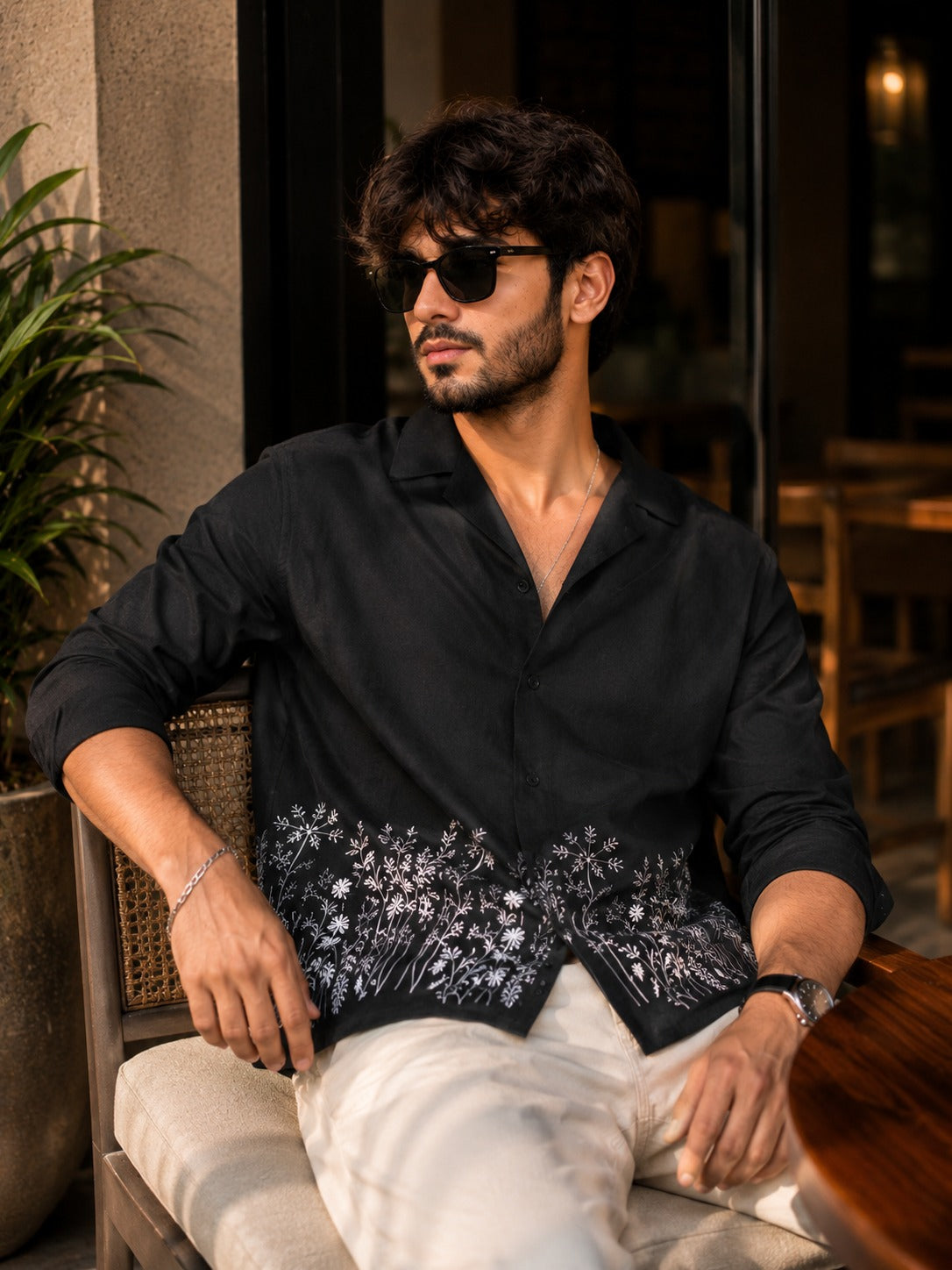 Black Floral Embroidered Cuban Shirt