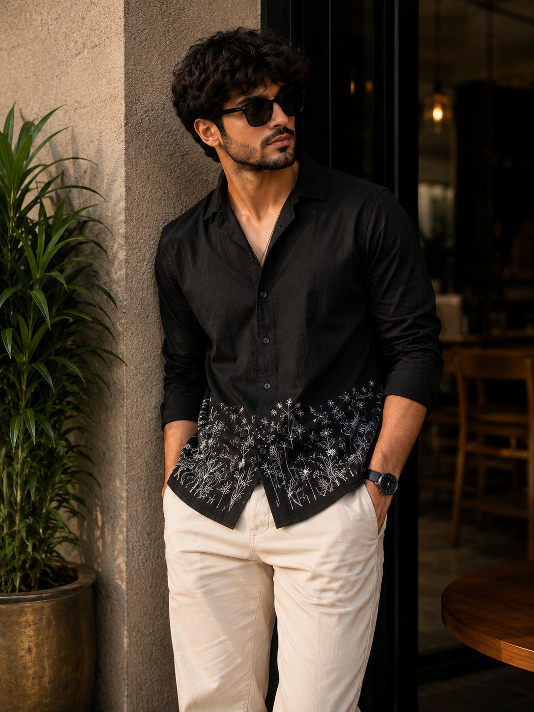 Black Floral Embroidered Cuban Shirt