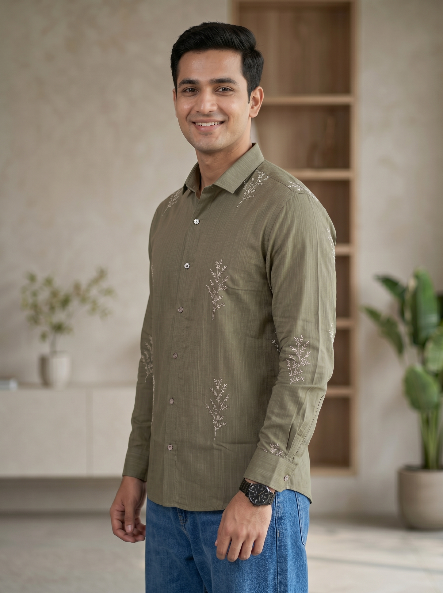 Minimal Fern Print Beige Shirt for Men