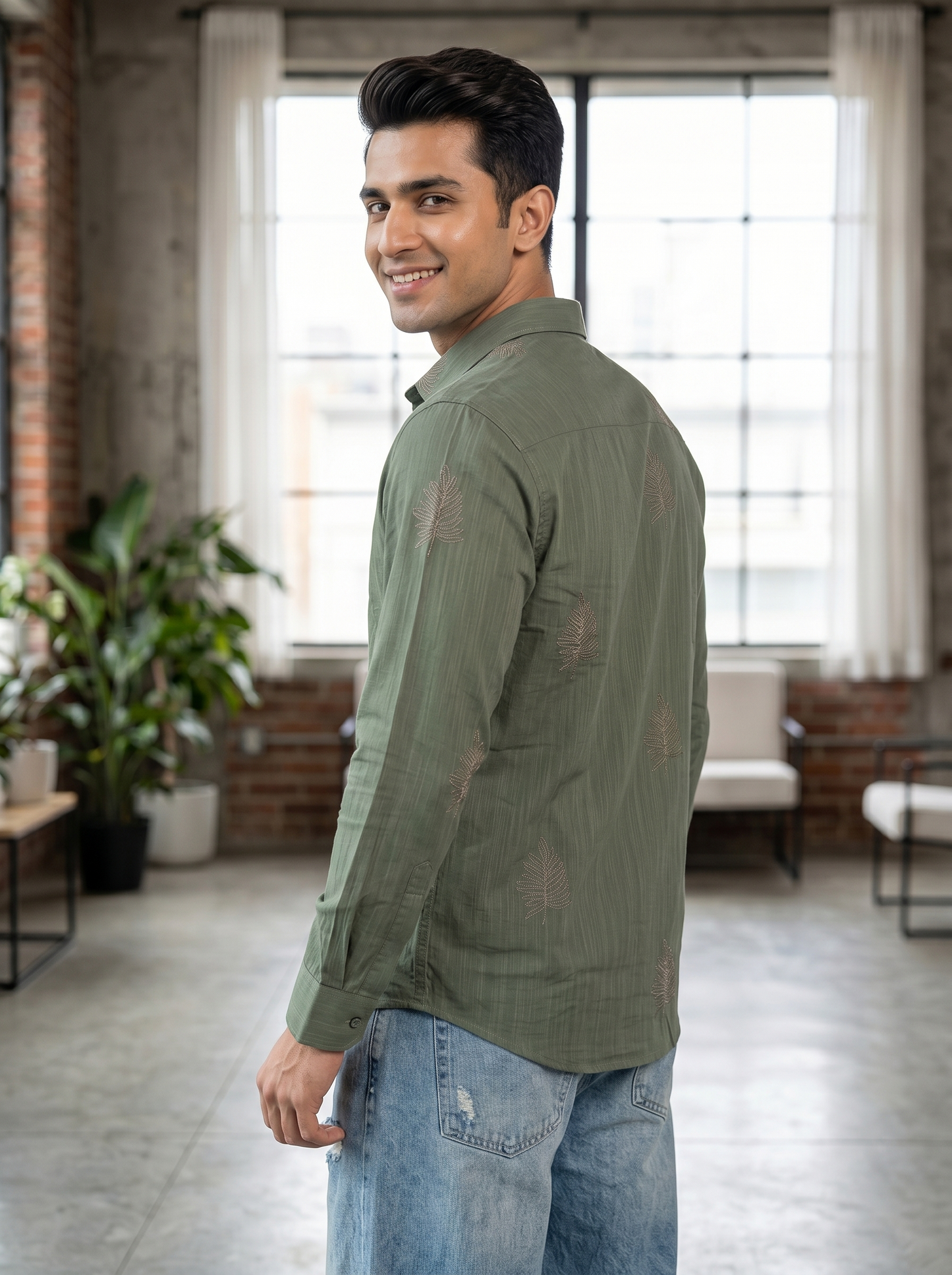 Men's Leaf Graphic Print Cotton Shirt