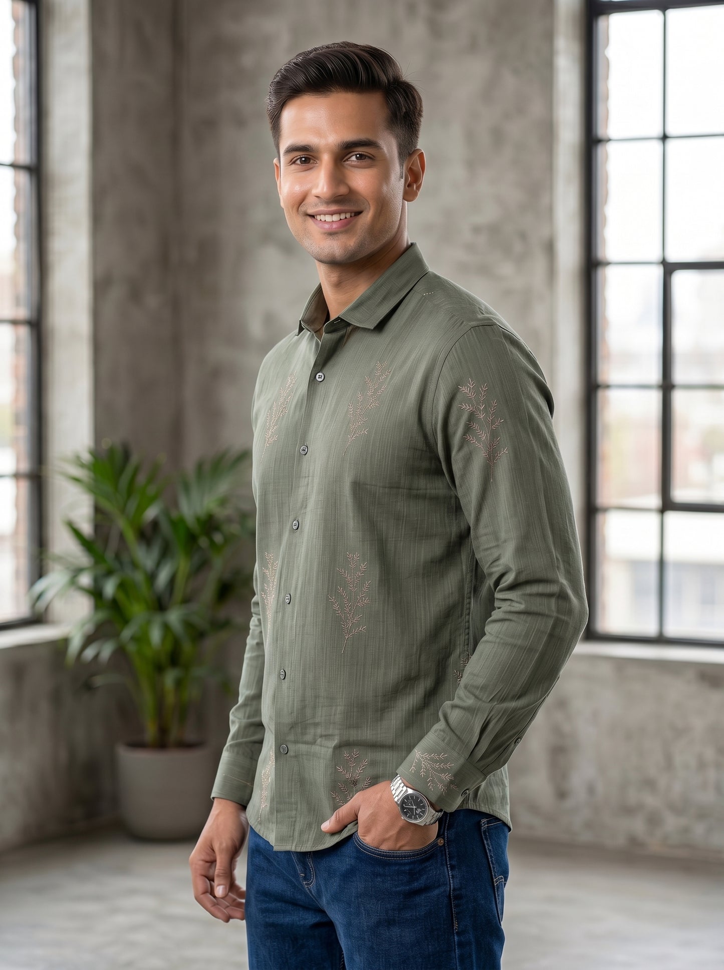 Minimal Fern Print Beige Shirt for Men