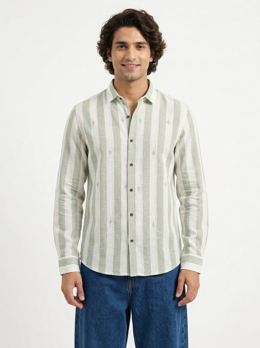 Men's Pastel Green Vertical Striped Embroidered Shirt