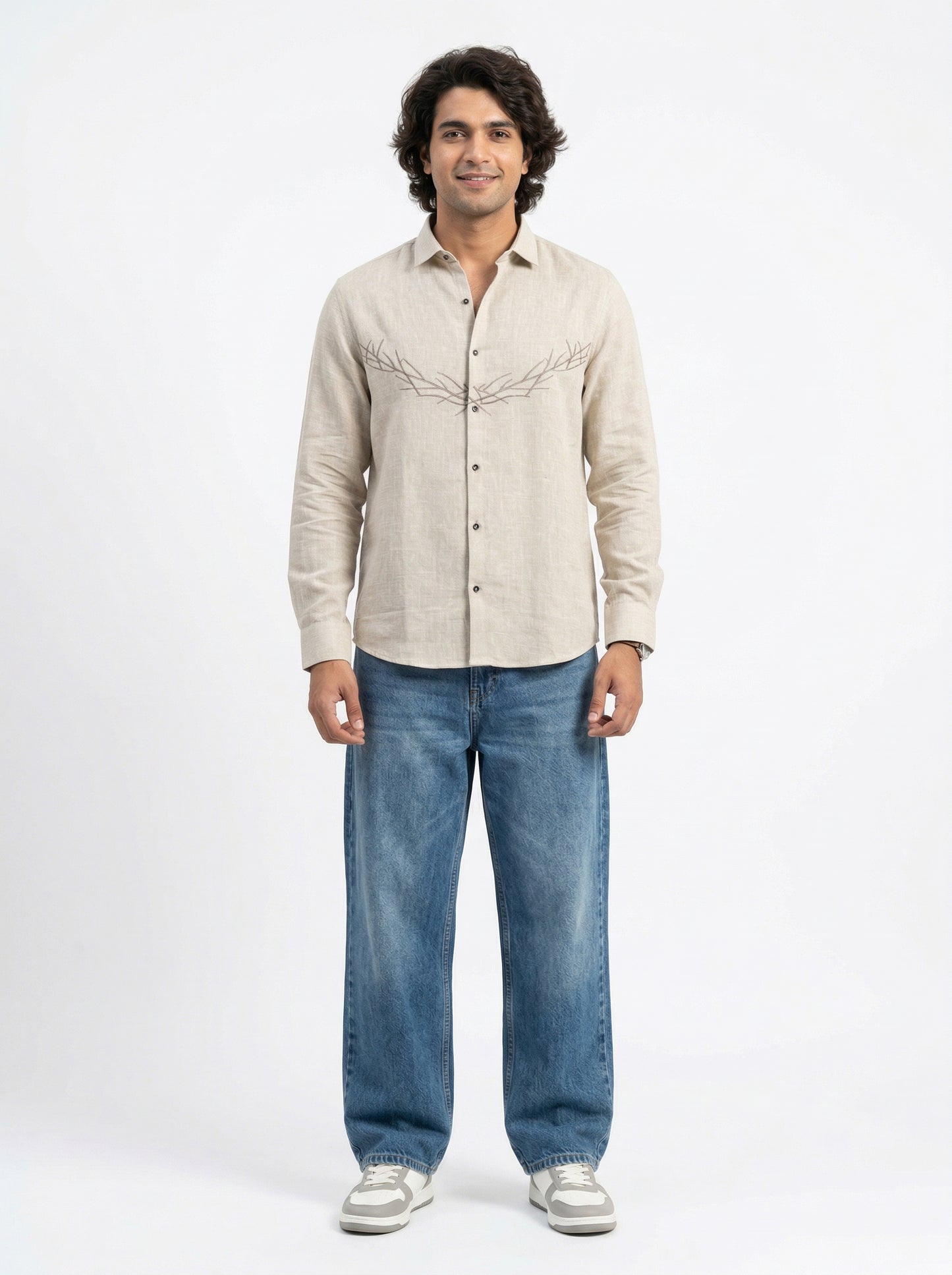 Beige Embroidered Cotton-Linen Shirt for Men