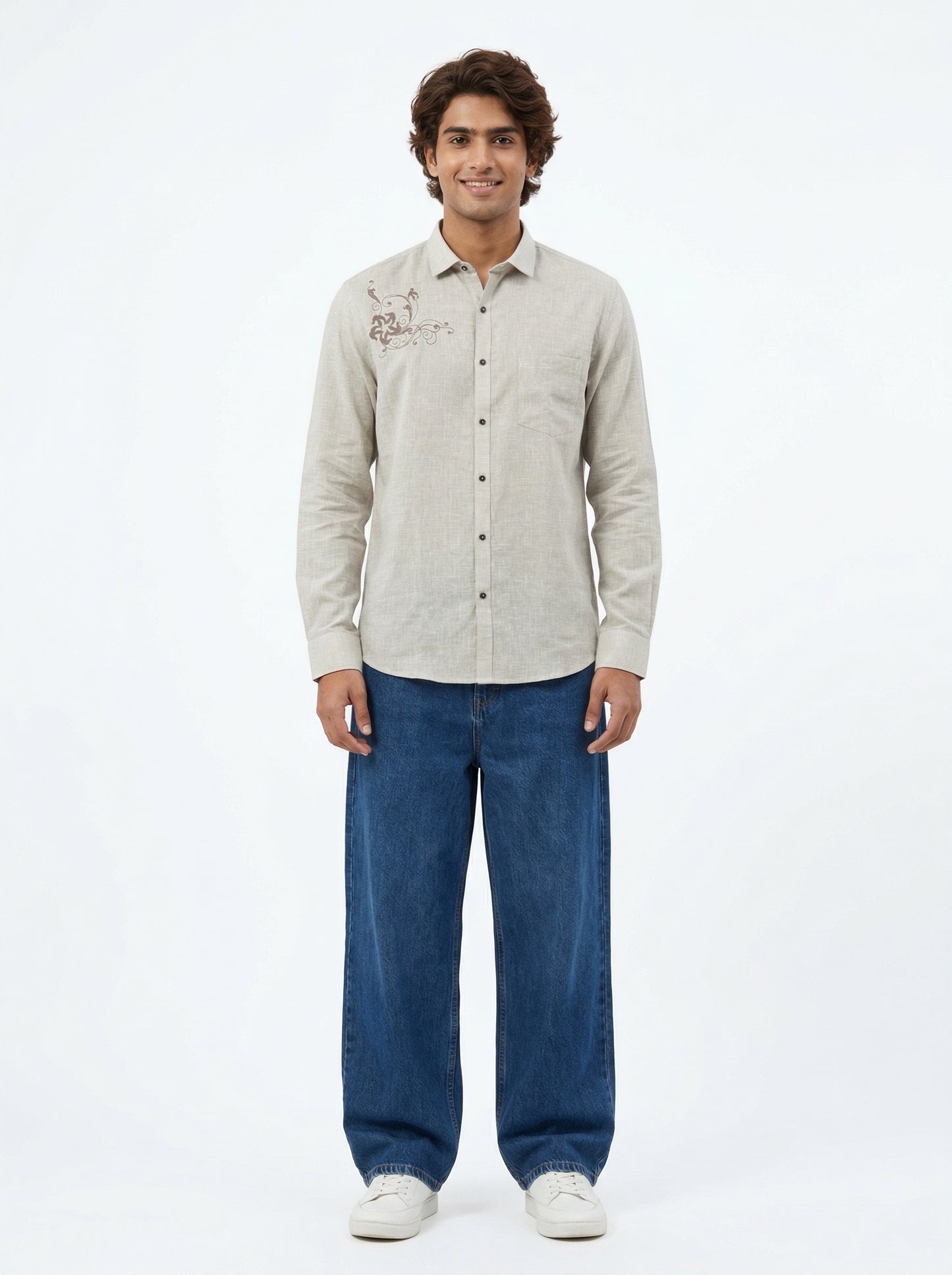 Men’s Grey Floral Embroidered Cotton-Linen Shirt