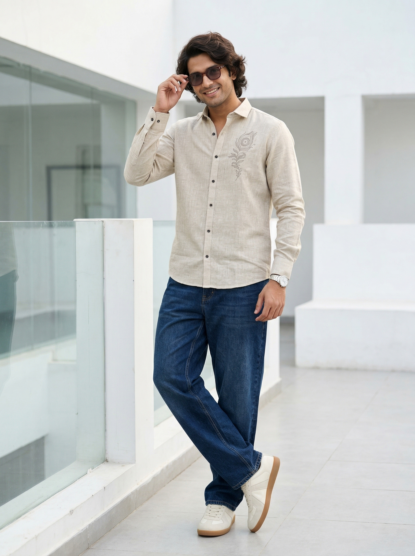 Men’s Beige Flex Cotton Shirt with Feather Embroidery Shirt
