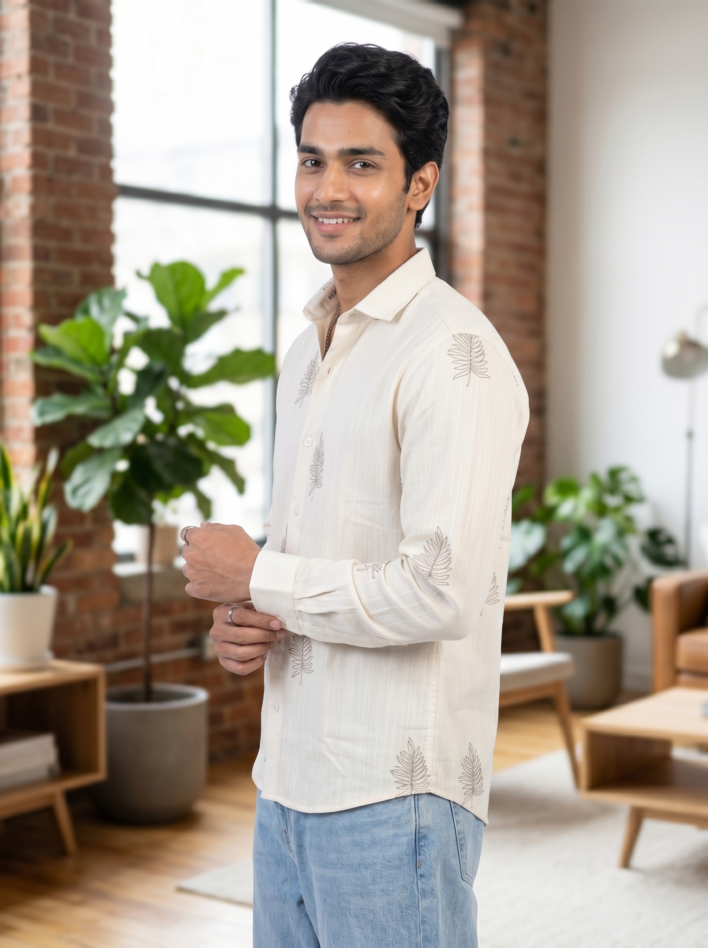 Men's Leaf Graphic Print Cotton Shirt