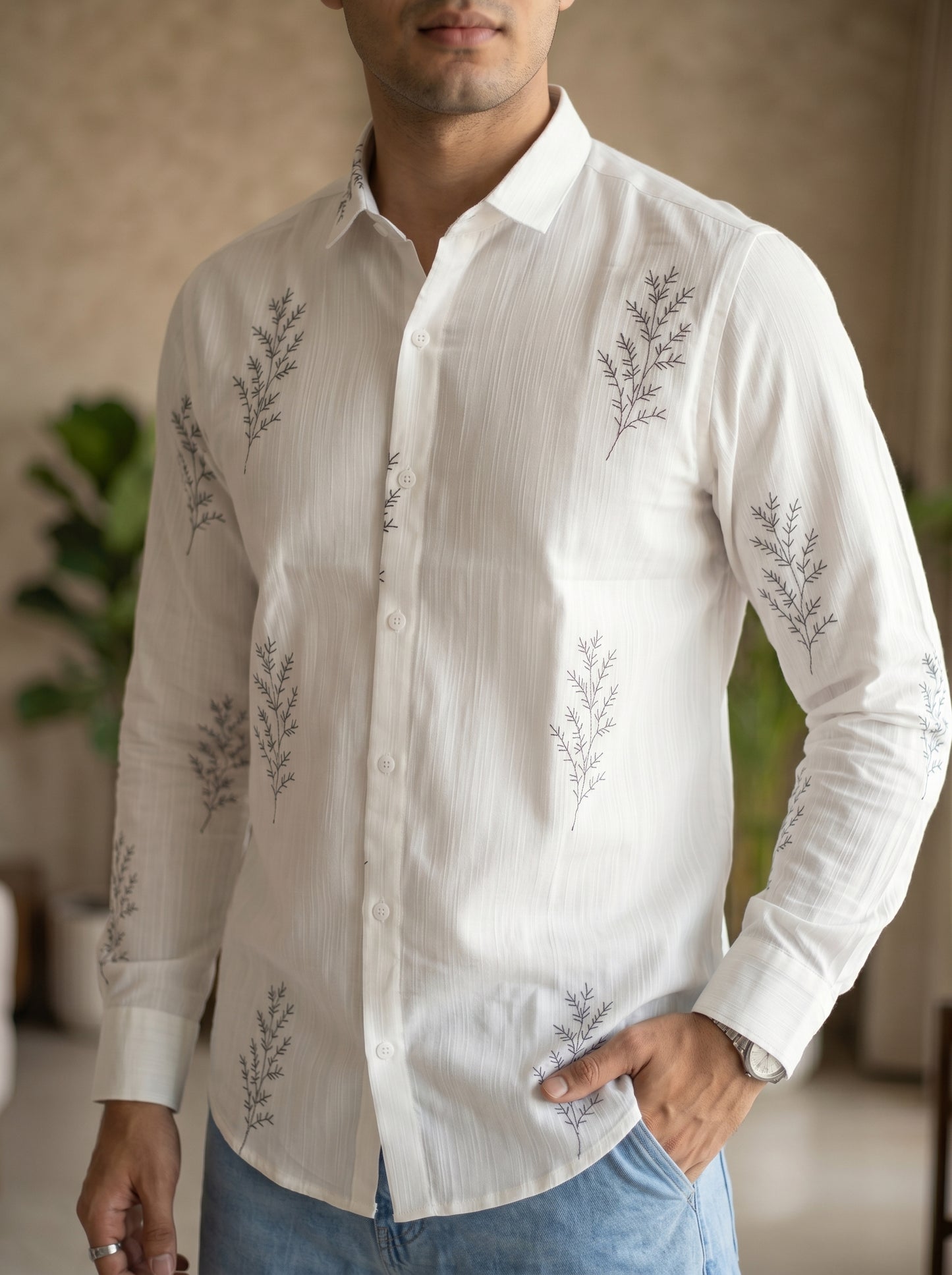Minimal Fern Print Beige Shirt for Men