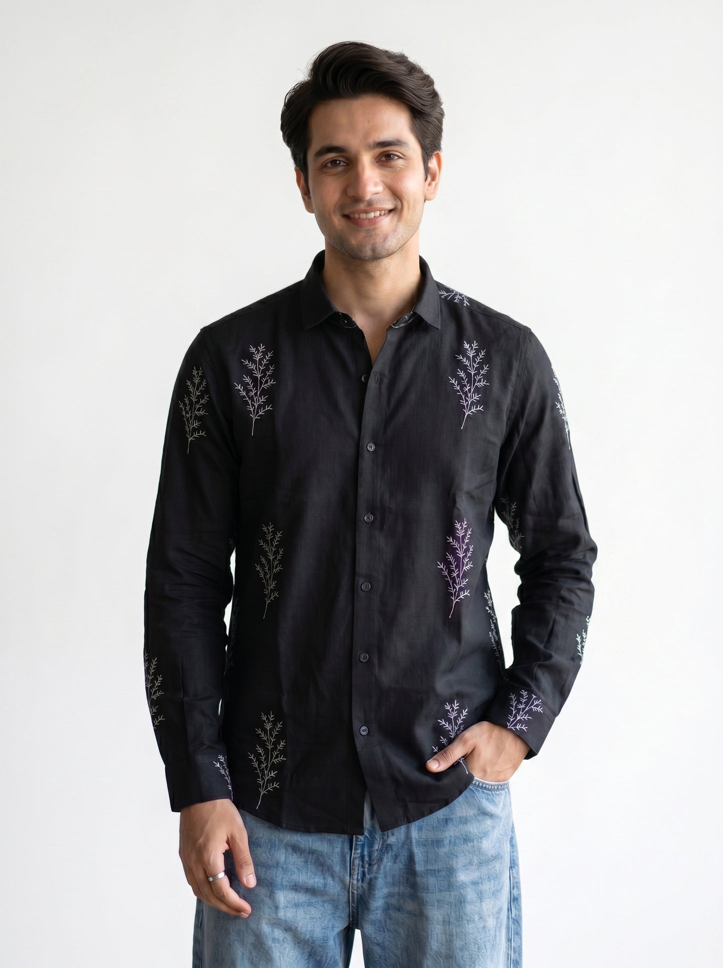 Minimal Fern Print Beige Shirt for Men