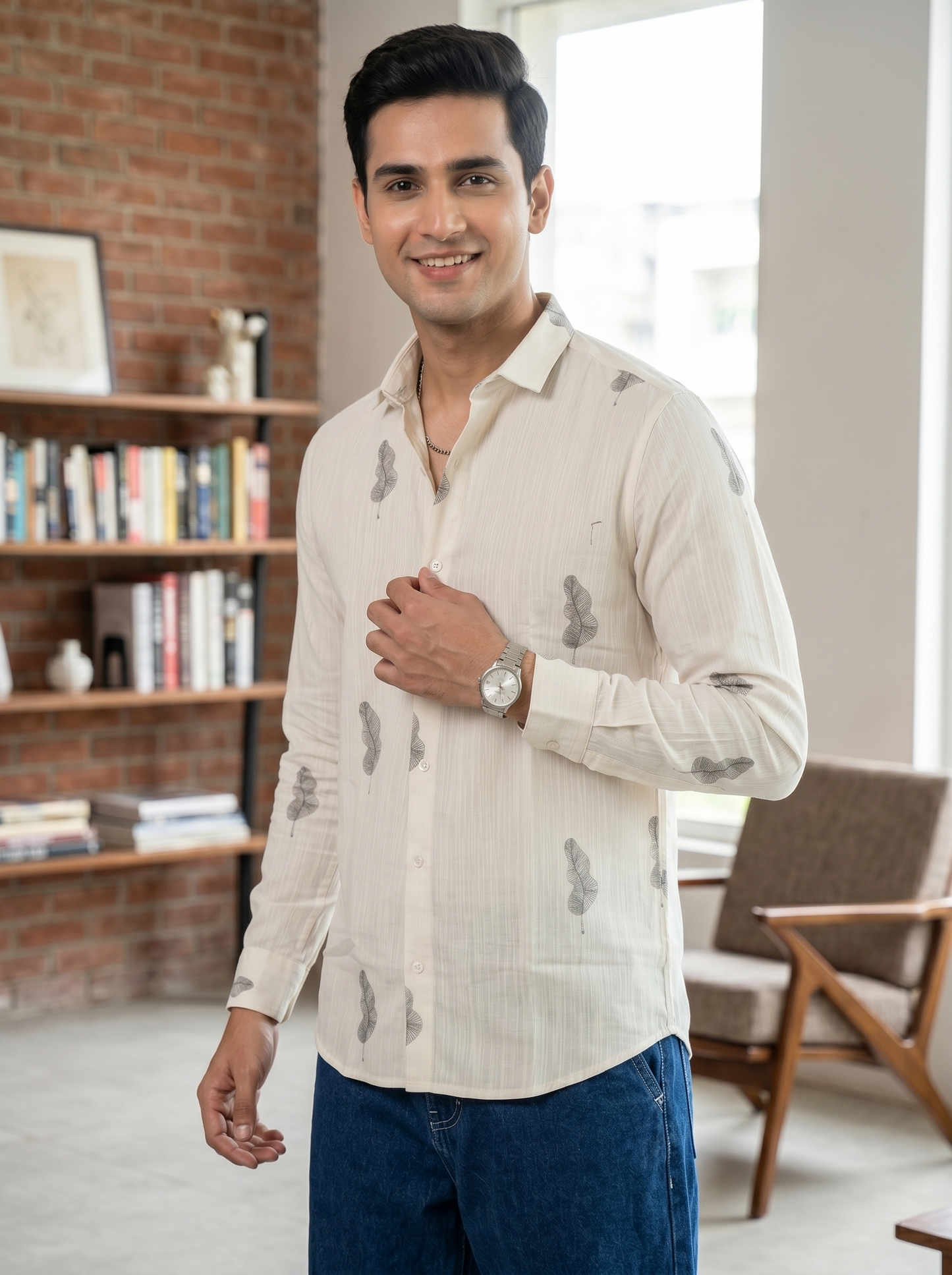 Vibe Craft Men's Feather Print Textured Cotton Shirt