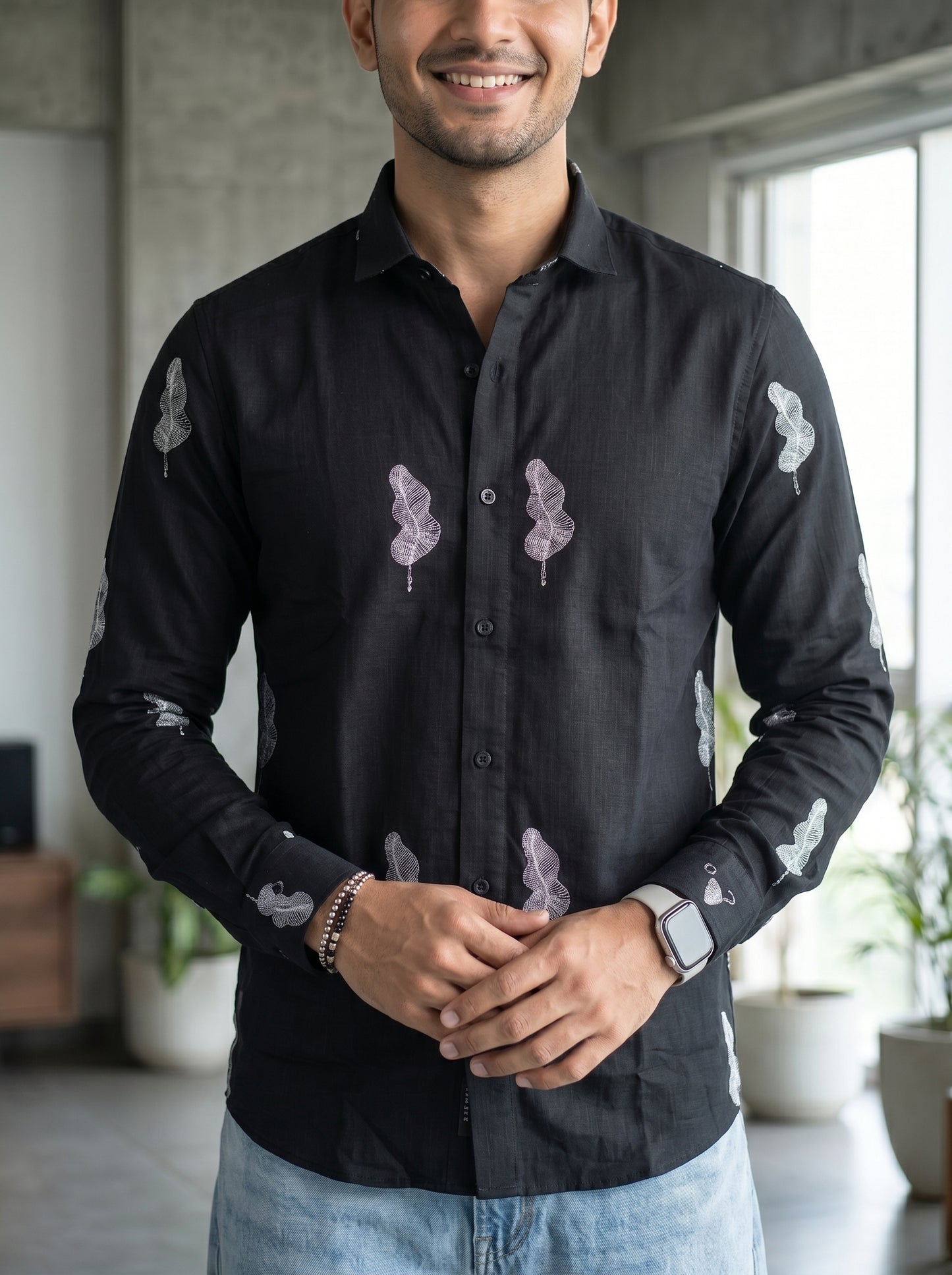 Vibe Craft Men's Feather Print Textured Cotton Shirt
