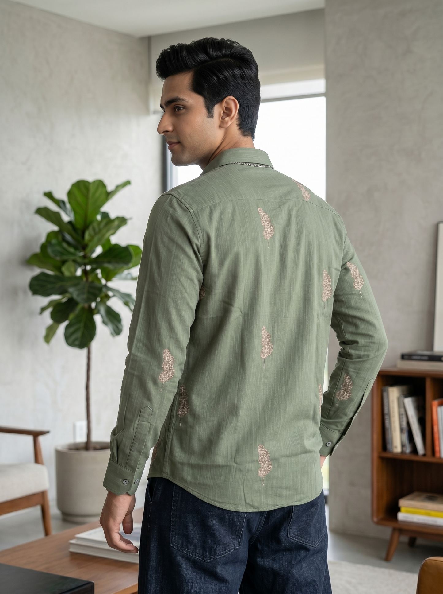 Vibe Craft Men's Feather Print Textured Cotton Shirt
