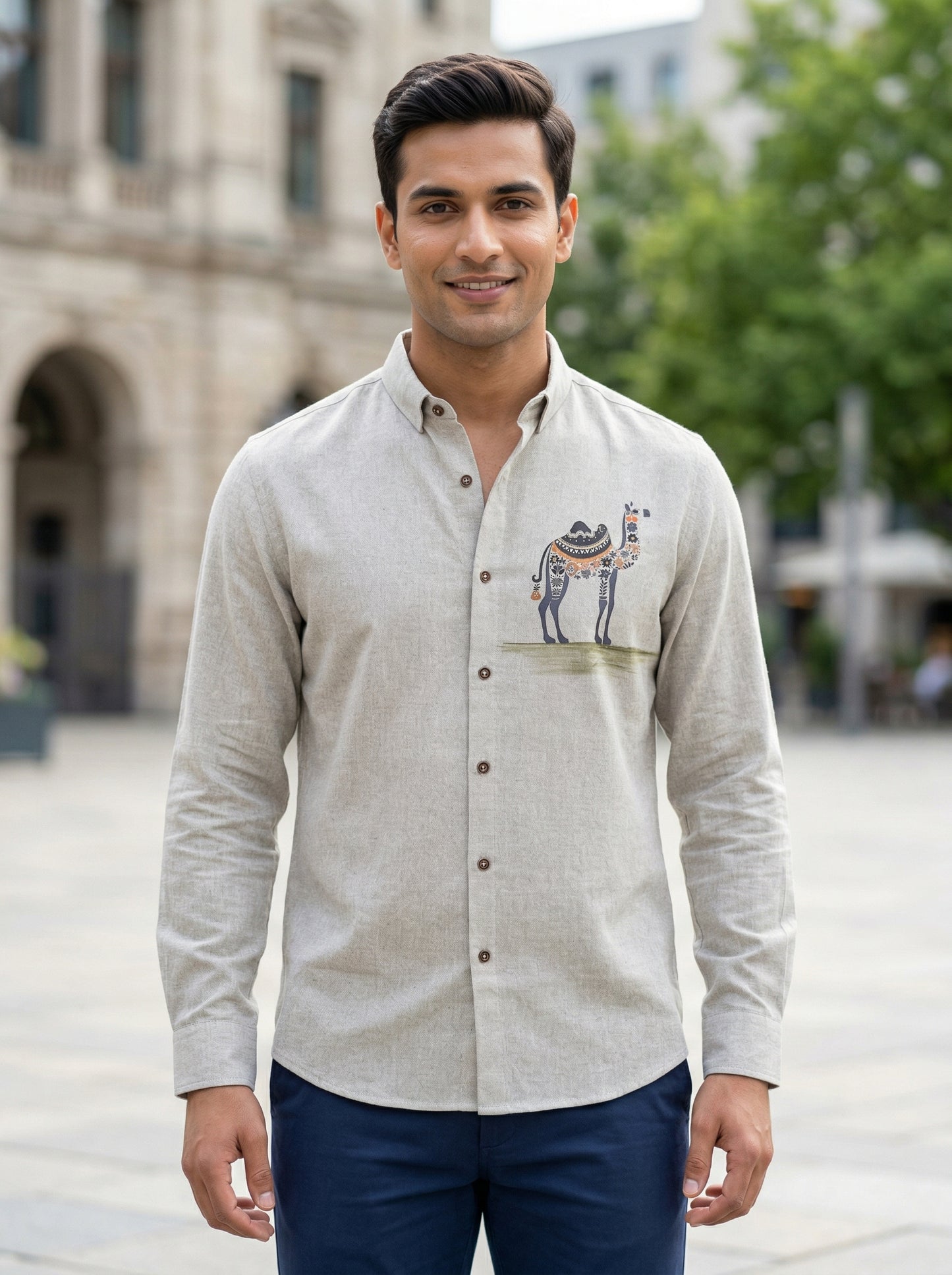 Men’s Sand Beige Camel Motif Graphic Cotton Linen Shirt