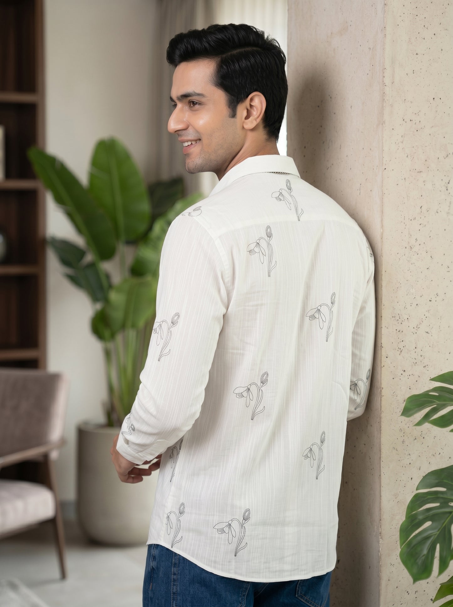 Vibe Craft Men's Tulip Embroidery Textured Cotton Shirt