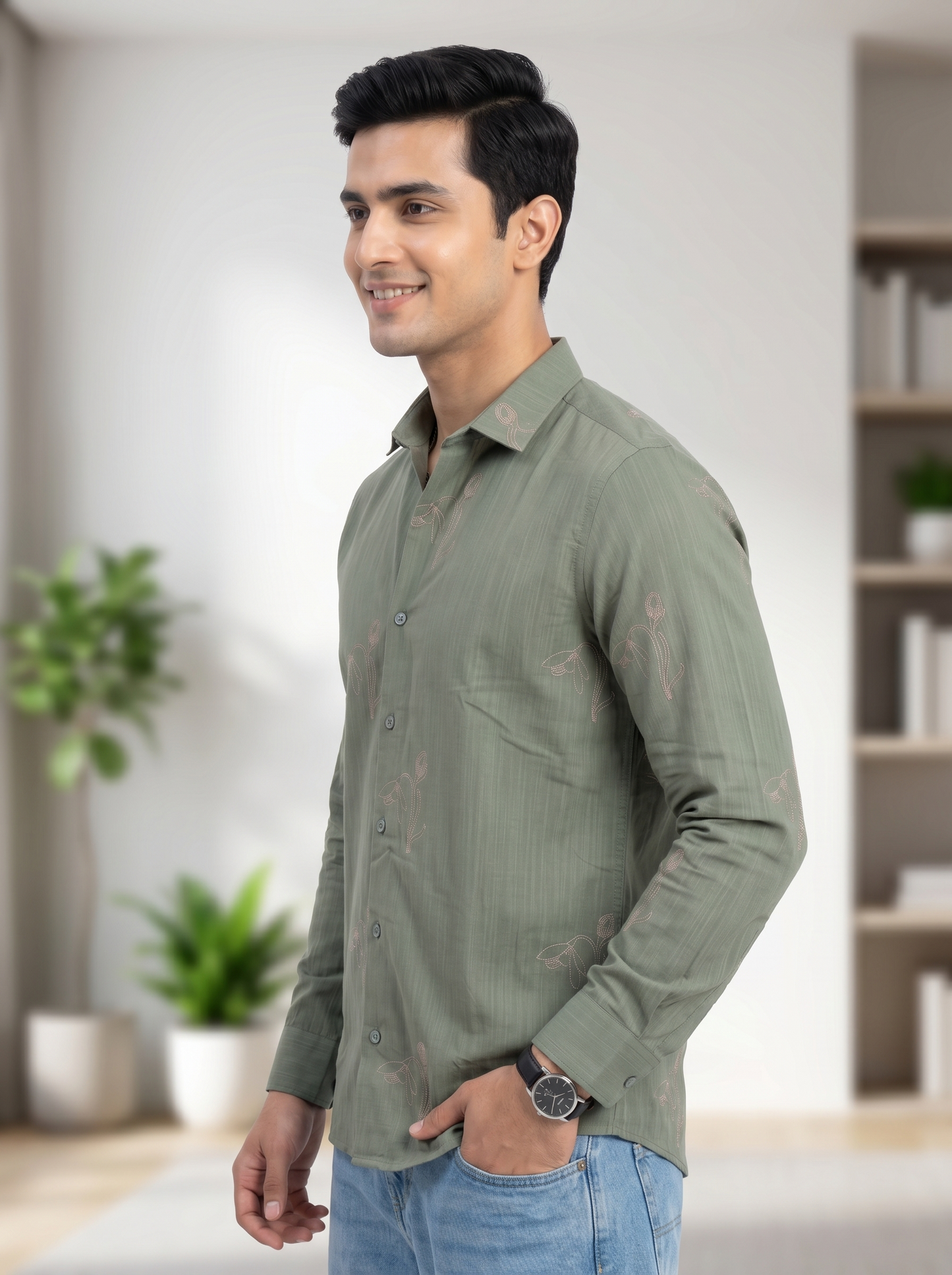 Vibe Craft Men's Tulip Embroidery Textured Cotton Shirt