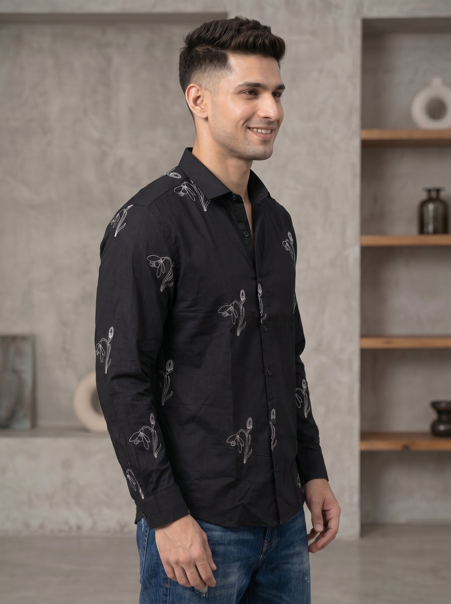 Vibe Craft Men's Tulip Embroidery Textured Cotton Shirt