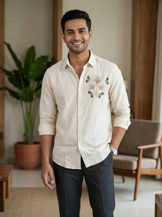 Men’s Cream Nature Motif Graphic Embroidered Linen Shirt