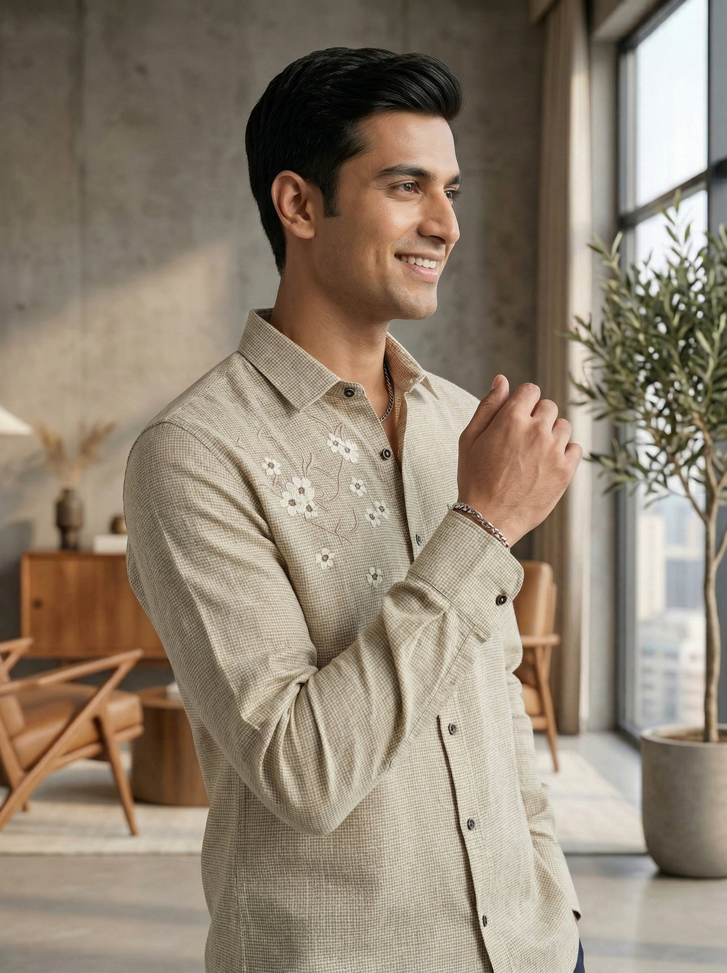 Sandstone Micro-Check Shirt with Subtle Floral Embroidery