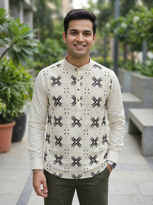 Men’s Cream Short Kurta with Olive Green Floral Embroidery