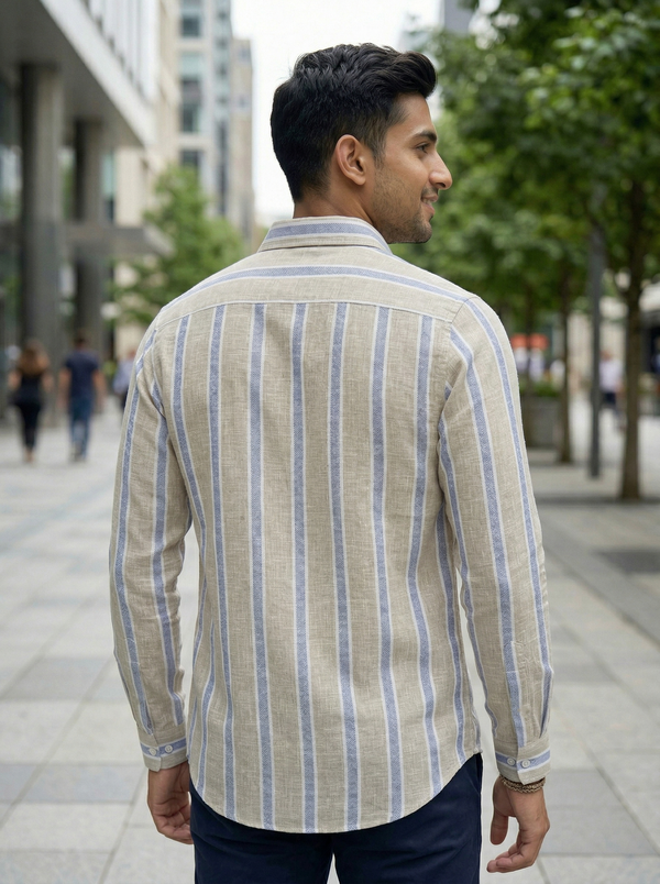 Beige & Blue Striped Premium Linen Shirt