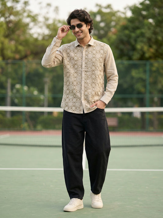 Beige Jute Embroidered Geometric Shirt for Men