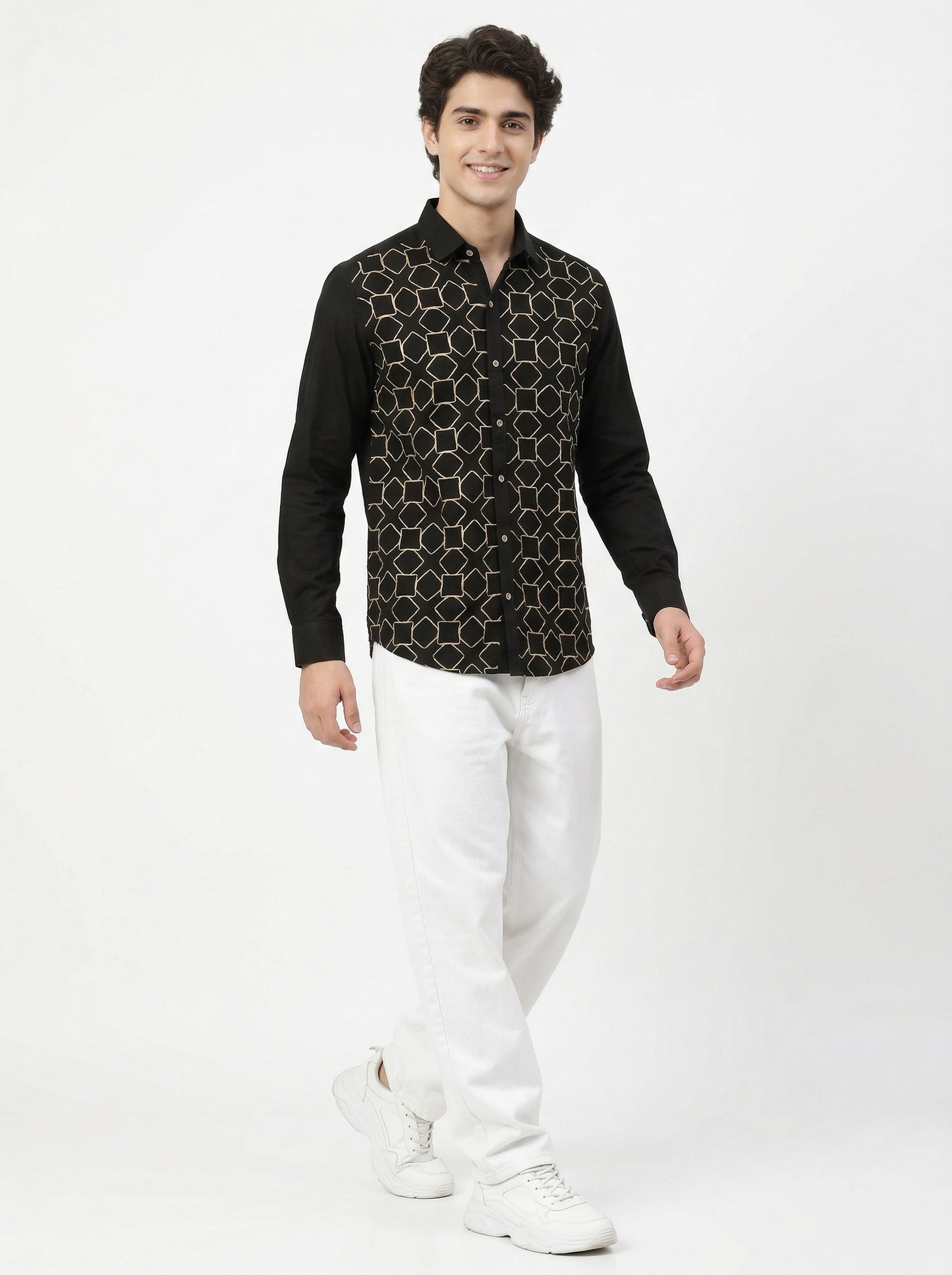 Obsidian Black Geometric Embroidered Men's Shirt