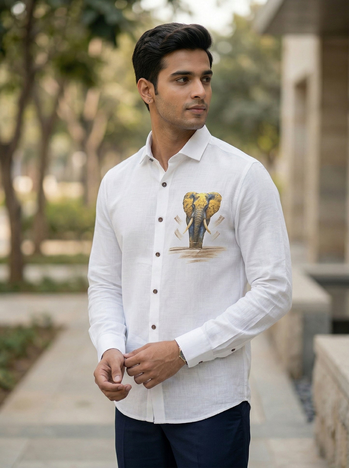 Men’s White Elephant Motif Graphic Cotton Linen Shirt