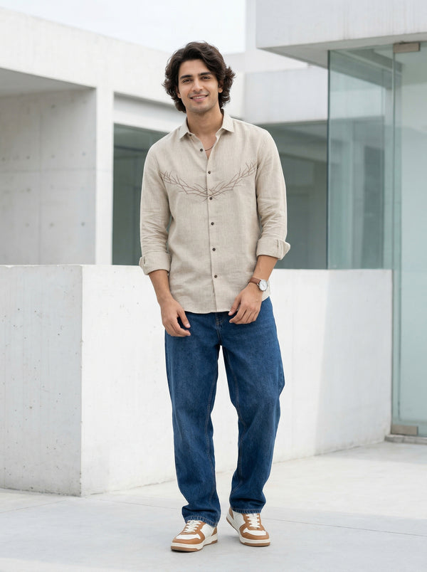 Beige Embroidered Cotton-Linen Shirt for Men
