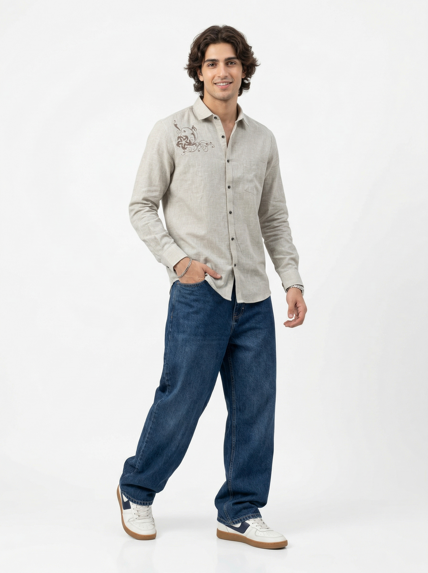 Men’s Grey Floral Embroidered Cotton-Linen Shirt