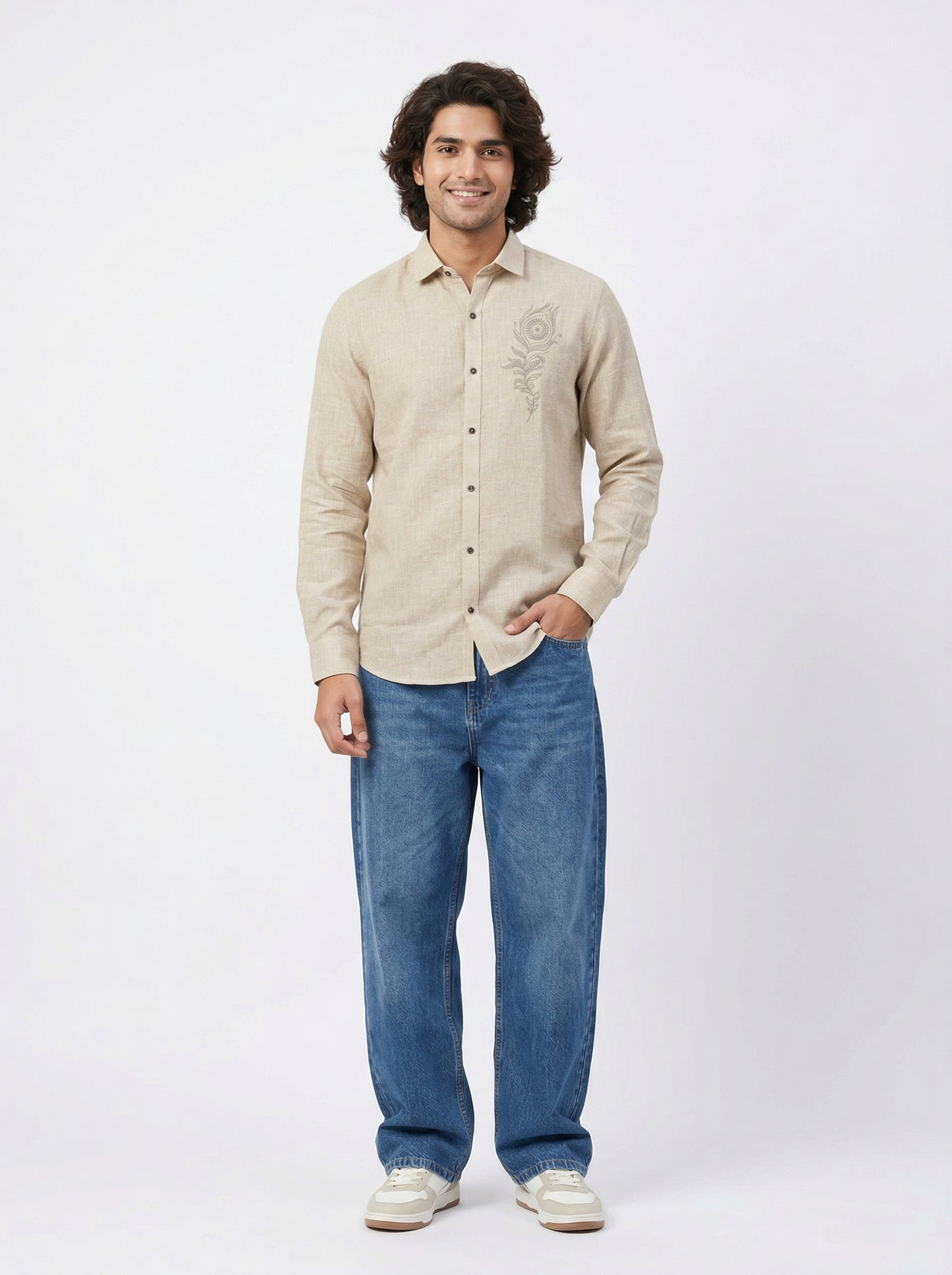 Men’s Beige Flex Cotton Shirt with Feather Embroidery Shirt