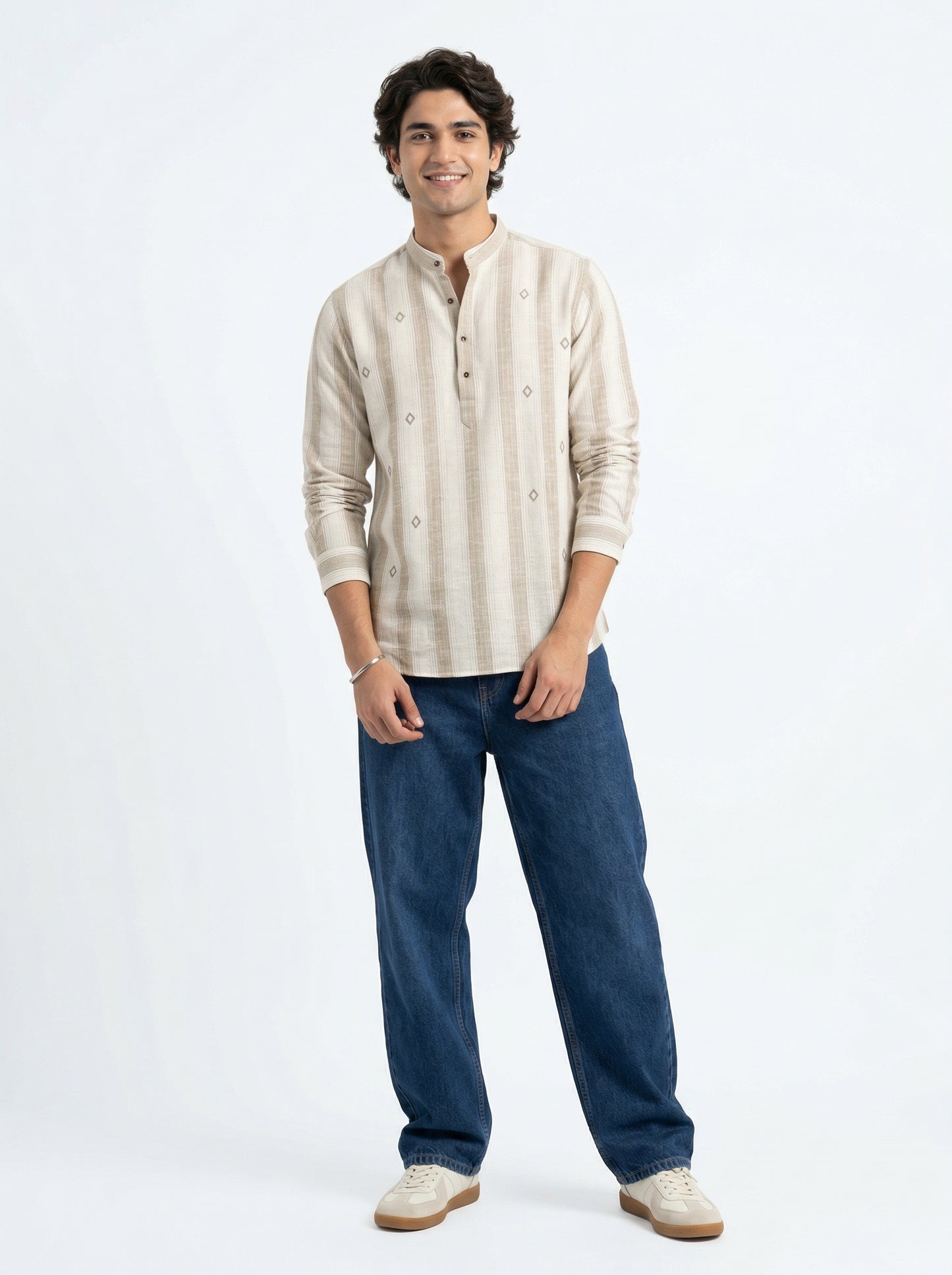 Men’s Beige Striped Kurta Shirt with Subtle Embroidery