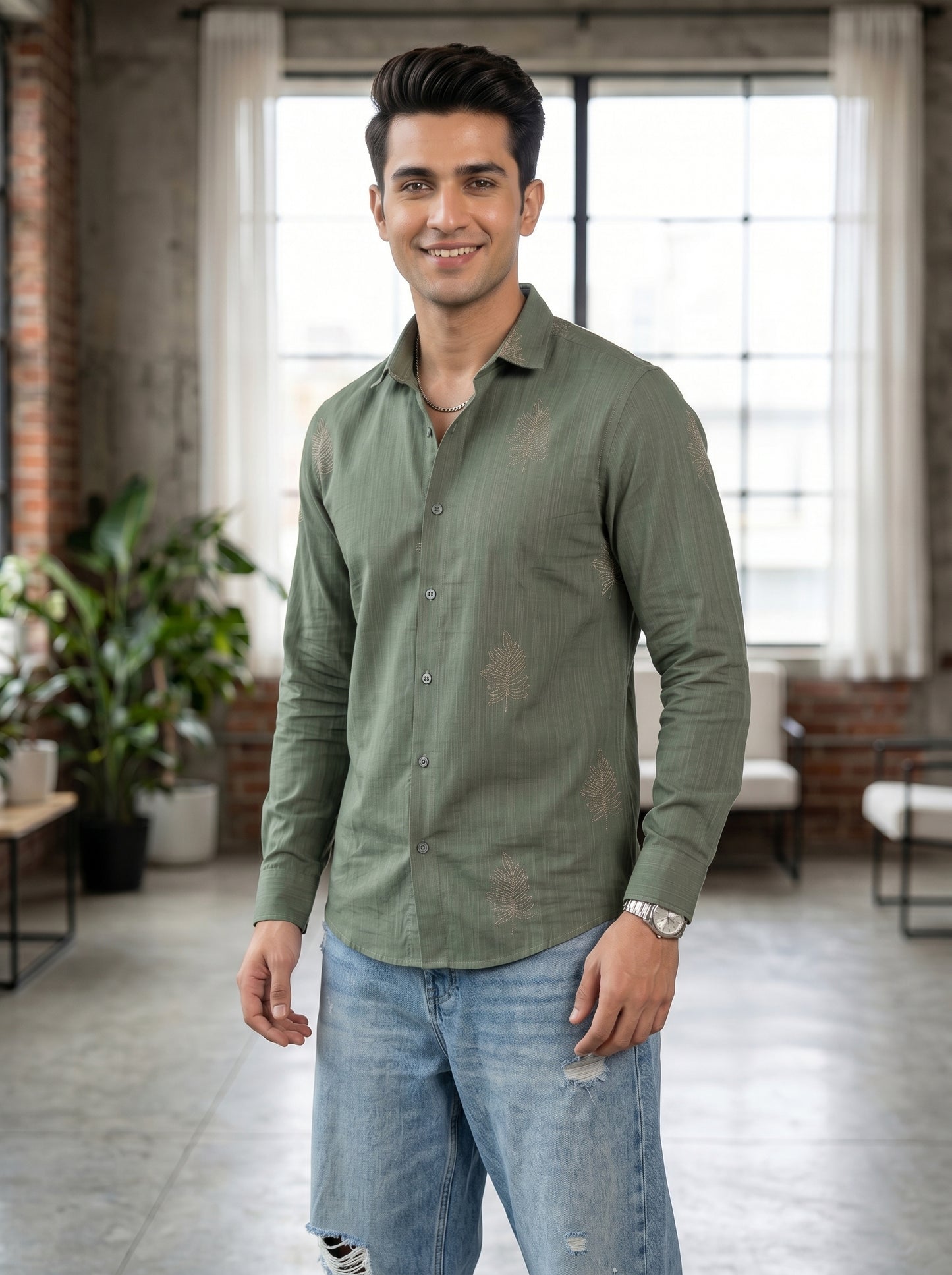 Men's Leaf Graphic Print Cotton Shirt