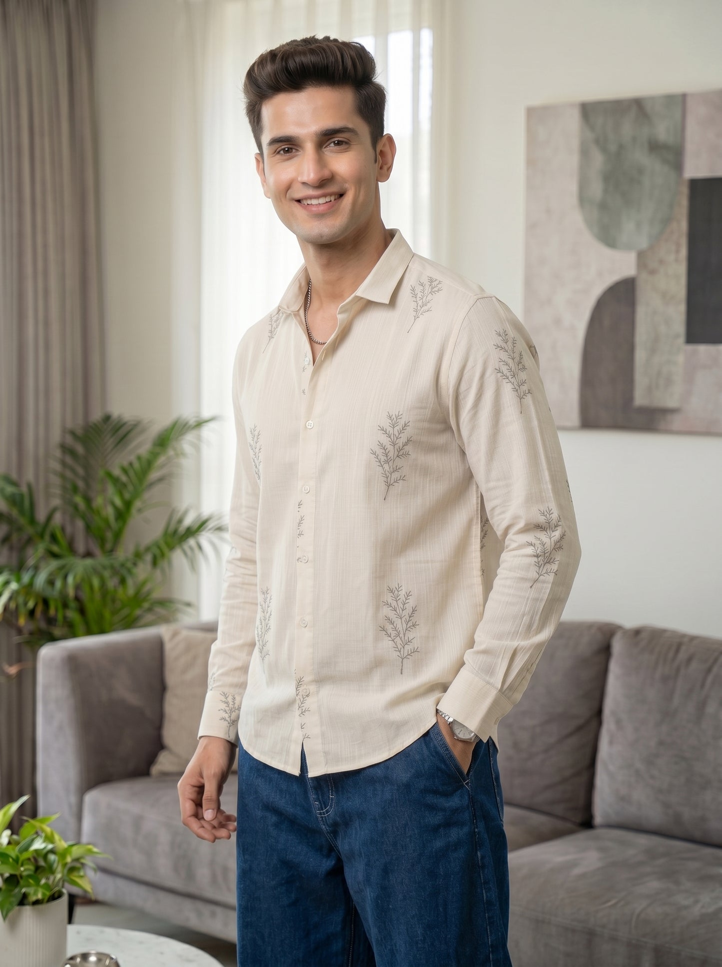 Minimal Fern Print Beige Shirt for Men