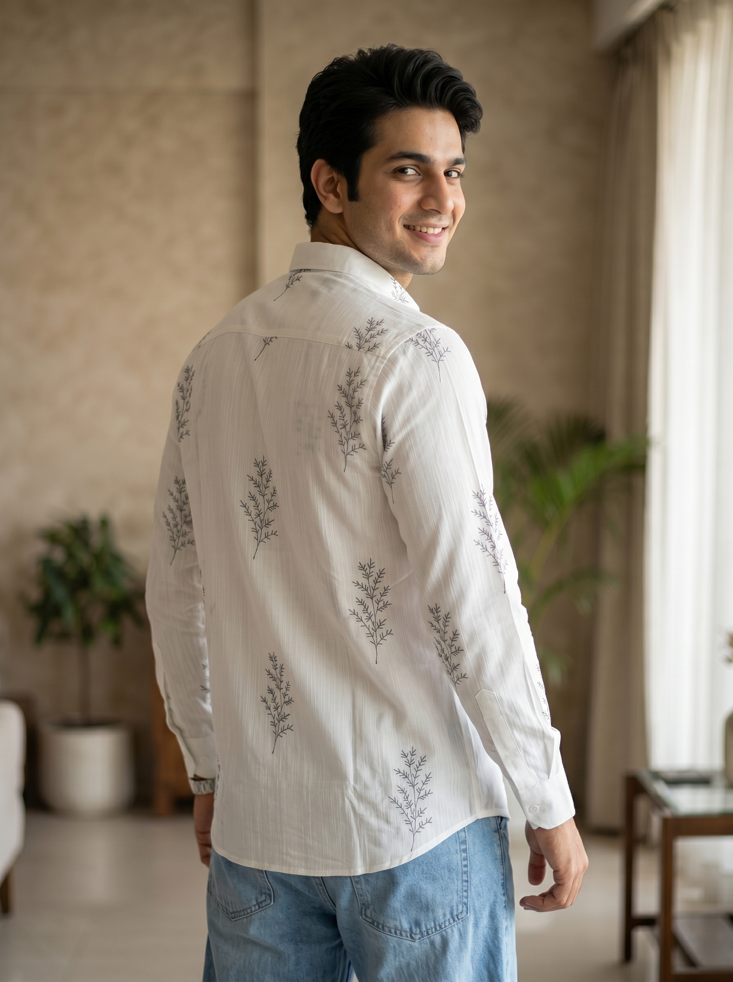 Minimal Fern Print Beige Shirt for Men